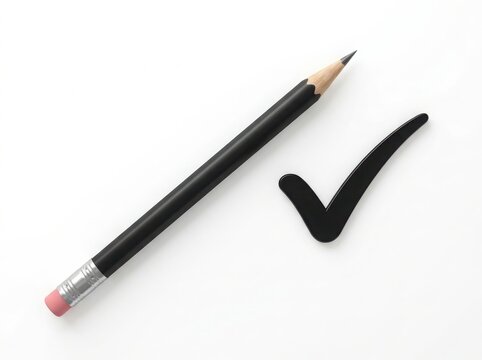 Black pencil with check mark on clean white background isolated on white background