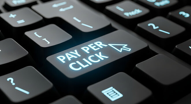 Pay Per Click concept with illuminated keyboard key and cursor icon