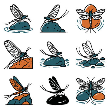 Collection of stylized insect illustrations on rocks and water