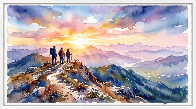 Three hikers standing on a rocky mountain ridge looking at a vibrant sunrise, watercolor illustration representing outdoor adventure, exploration, and travel achievement.