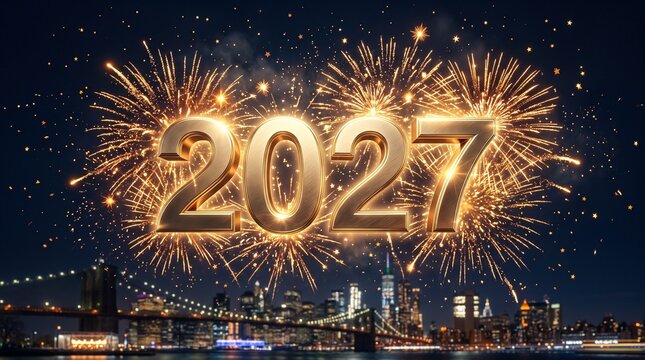 New year 2027 sign rendered in gold sits prominently above a detailed city skyline during a massive firework show that fills the dark sky with vibrant colors and light to mark the start of the year.