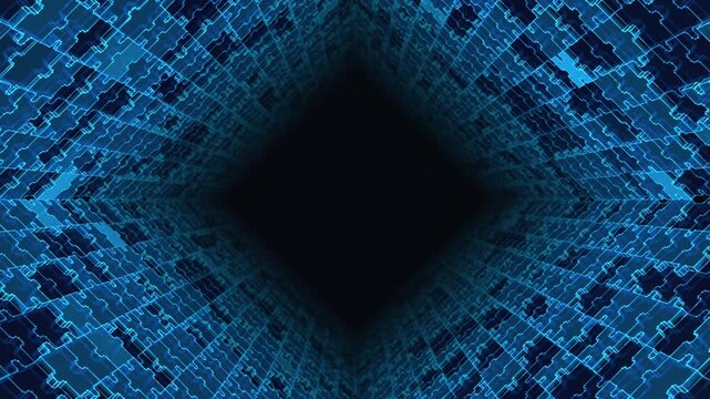 Abstract Animation Loop of Jigsaw Puzzle Pieces Forming a 3D Square Tunnel. Problem-solving, business partnership and blockchain solution concept with copy space on a blue background.