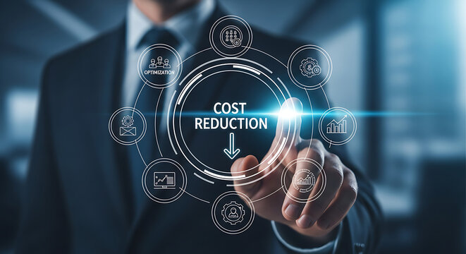Cost Reduction Strategy with Business Optimization Icons and Downward Arrow