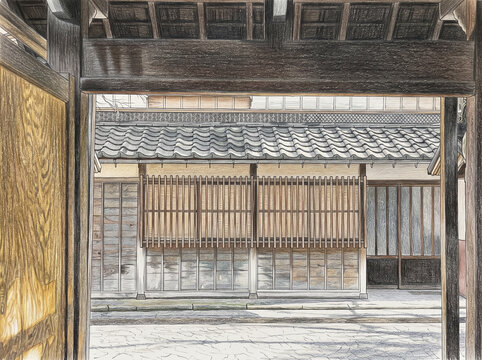 重厚な木造門と格子の美しい町家建築の佇まい