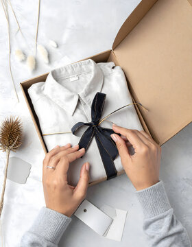 Hands Arranging Velvet Ribbon on Craft Gift Box with Linen Shirt.