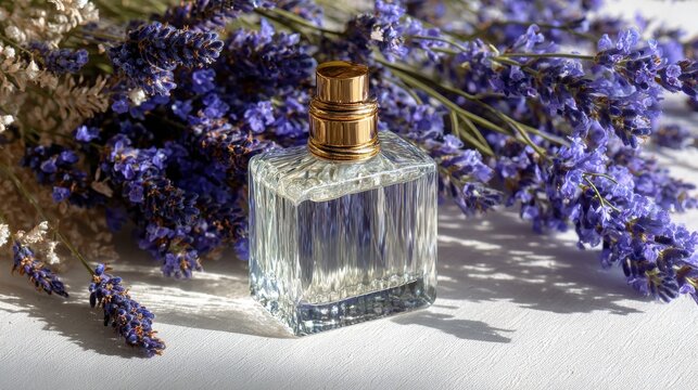 Perfume bottle rests elegantly against a background of dried lavender flowers to create a sophisticated and natural aesthetic that is perfect for beauty branding and lifestyle marketing campaigns.