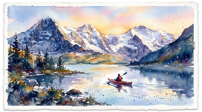 Watercolor painting of a person in a red kayak paddling on a calm alpine lake surrounded by snow-capped mountains at sunset, representing outdoor adventure and nature exploration.