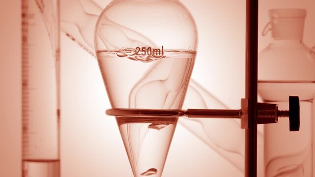 Chemical arrangement with ball absorber, graduated cylinder, bulb lab condenser and separatory funnel with water-clear fluid and air bubbles rising inside over beige curved ramp bg
