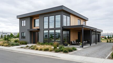 Fototapeta premium Modern twostory house with wood and gray exterior