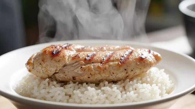 Tongs Placing Freshly Grilled Chicken Breast on Steaming White Rice