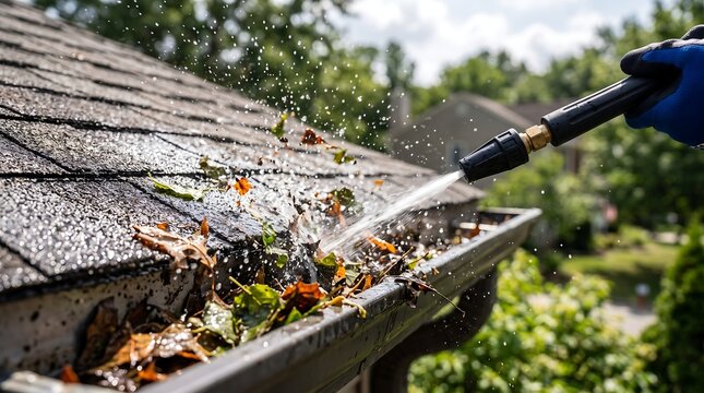 Pressure washer spray nozzle cleaning dry leaves and debris out of a house roof gutter outdoors.