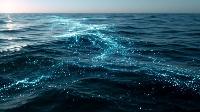 Serene open sea with holographic data mesh, luminous digital pathways crossing ocean waves, connected smart network, fintech ocean concept,