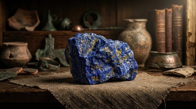Unworked Raw Lapis Lazuli Gemstone with Flecks of Gold on Display Among Ancient Artifacts