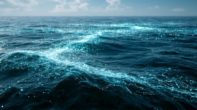 Serene open sea with holographic data mesh, luminous digital pathways crossing ocean waves, connected smart network, fintech ocean concept,
