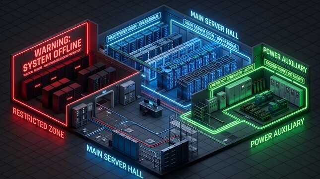 Isometric 3d view of a data center with server rooms and power systems