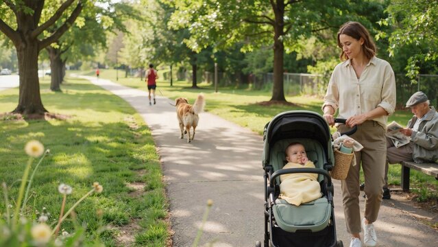 Mother pushing baby in stroller on a sunny park path with dog walkers in background
