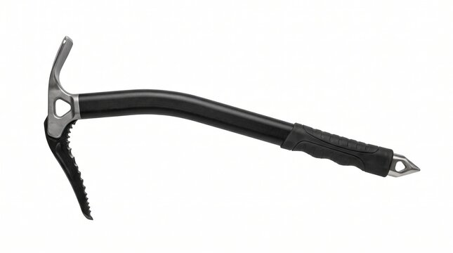 Professional technical ice axe with curved shaft and serrated pick. Specialized equipment for alpine climbing and glacier travel. Ideal for mountaineering gear catalogs and outdoor sports guides.