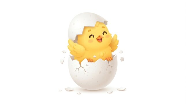 Cute Yellow Easter Chick with Egg Isolated on White Background, Cheerful Spring Holiday Decoration and Adorable Baby Bird Character for Easter Celebration Concept