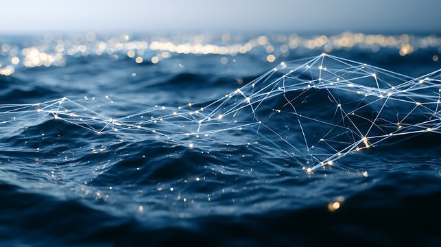 Crystal clear ocean surface featuring quantum communication network, luminous geometric data lines