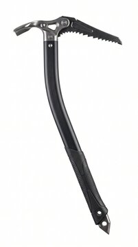 A modern technical ice axe with a curved shaft and sharp pick. Professional gear for winter mountain sports. Ideal for equipment catalogs and mountaineering guides.