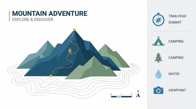 Stylized mountain range with hiking route and icons for camping, water, and viewpoints. Represents planning an outdoor expedition or trekking trip. Ideal for travel blogs and hiking guides.