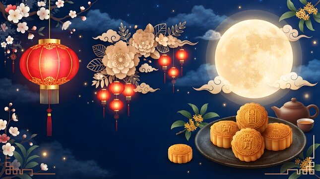 Celebrating the mid autumn festival a radiant full moon glowing lanterns and delectable mooncakes symbolize family reunion harmony and appreciation for the autumn harvest in
