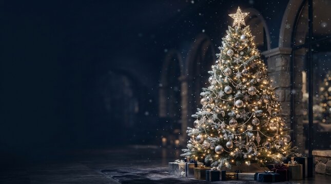 Decorated christmas tree with lights and ornaments in dark room