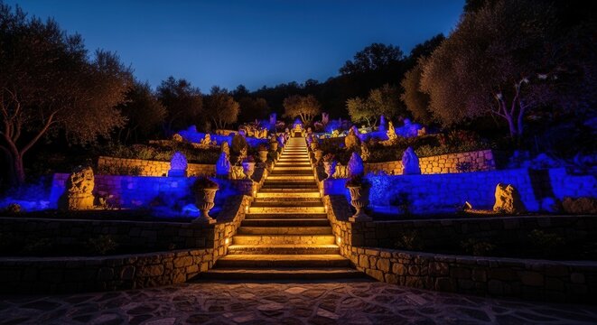 Illuminated Stone Staircase With Sculptures At Dusk