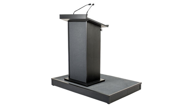 Black professional presentation lectern podium stage with microphone for public speech isolated on transparent background
