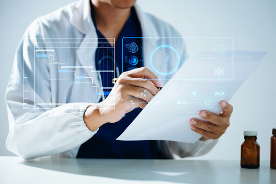 Medical professional using futuristic digital interface with data analytics, AI technology, and healthcare visualization, representing innovation