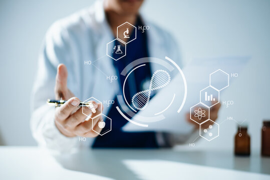 Doctor or scientist using a tablet with AI, science, and medical icons for research, diagnosis, and innovation in health technology.