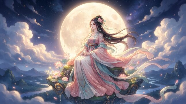Celebrating the mid autumn festival a breathtaking depiction of chang'e the moon goddess amidst swirling clouds and a radiant full moon embodying the beauty and
