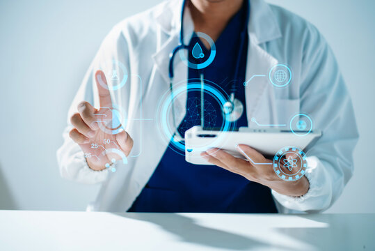 Hand holds a smartphone with a holographic screen, showing a medical app for virtual doctor consultation and remote patient care.