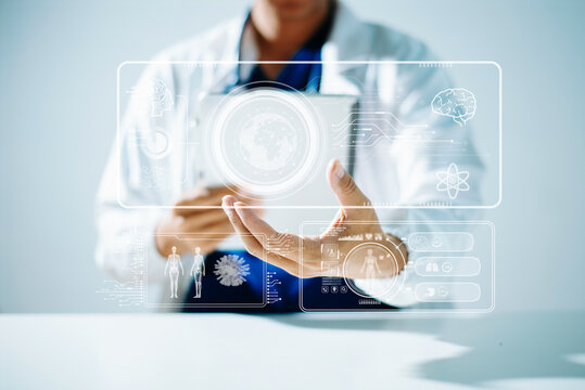 Medical professional using futuristic digital interface with data analytics, AI technology, and healthcare visualization, representing innovation