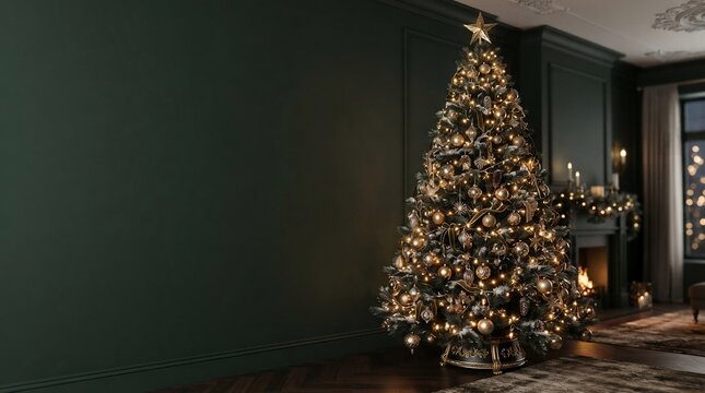Decorated christmas tree with warm lights in cozy room setting