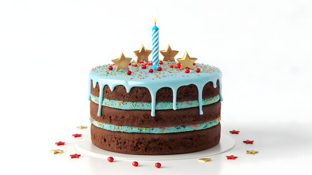 Colorful 3D birthday cake with lit candle and festive confetti on white background