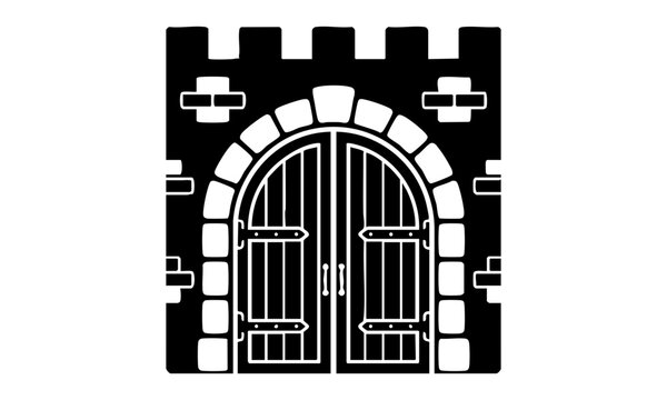 Black and white vector icon of a medieval castle gate entrance with stone arch