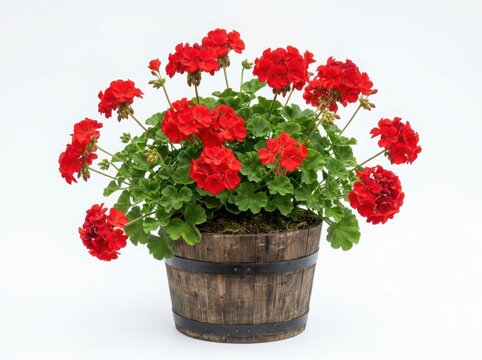 Red geranium flowers in a black pot with lush green leaves isolated on white background