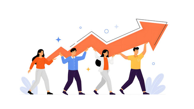 Business team collaborating to lift a large orange arrow symbolizing growing success with teamwork business collaboration progress strategy development achievement marketing corporate