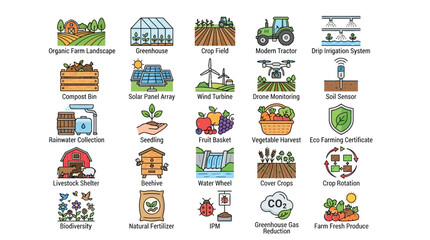 Fototapeta premium Sustainable Agriculture Vector Icons Set Featuring Modern Farming Practices and Eco-Friendly Crop Production Technology