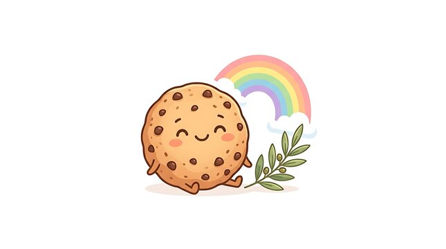Cute cartoon chocolate chip cookie character sitting with a rainbow and a small green branch.