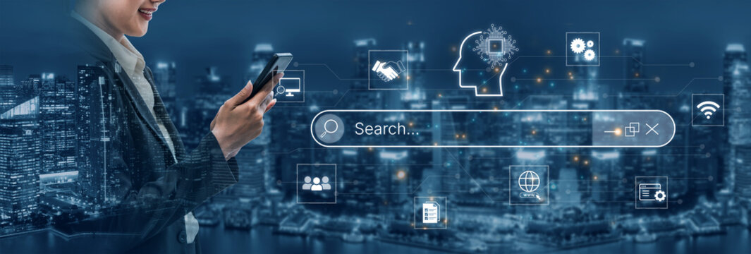 Artificial intelligence AI search concept enabling smarter discovery, recommendations to digital services and knowledge. Generative AI search engine algorithm provide user intent result. Corpus