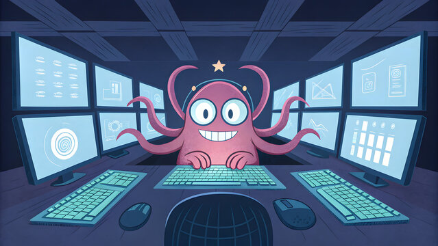 Whimsical multi-armed monster working as a computer programmer in a high-tech server room