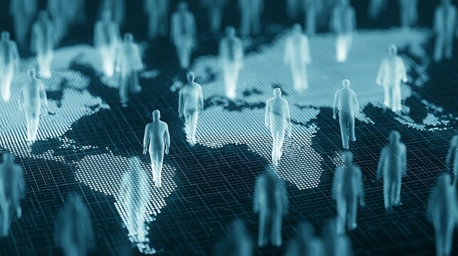 Worldwide workforce transformation, glowing human silhouettes distributed across a digital world map, global employment corridors