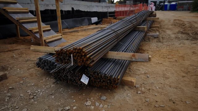 Heavy steel rebar bundles rest on wooden support amidst sandy soil. Construction site ground covered with dirt and gravel around materials