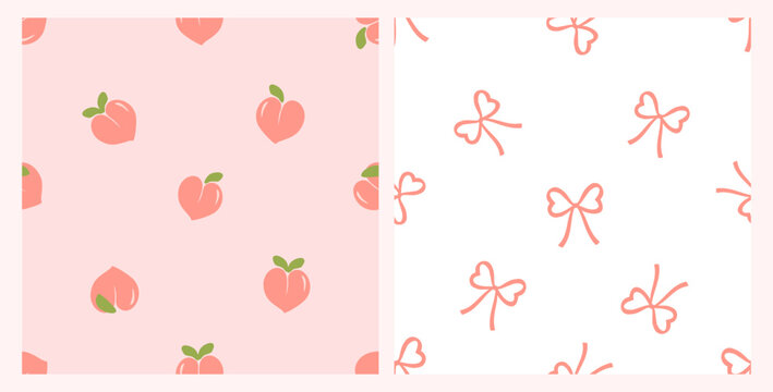 Cute seamless peach and ribbon bow pattern collection featuring sweet pastel fruits and hand drawn bows in minimalist flat vector style for fabric, wrapping paper, wallpaper, nursery decor, and textil