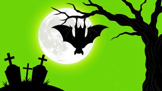 Halloween bat hanging on tree. Spooky night scene on a green screen background