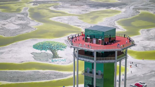 Aerial View of Dachaidan Emerald Lake Observation Deck: Green Lake, Blue Salt Ponds and Mineral Crust in Qinghai