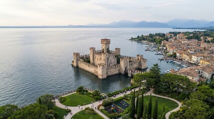 Naklejka premium Old castle on lake in italy