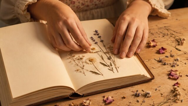 Vintage book with hands pressing dried lavender and wildflowers on wooden table